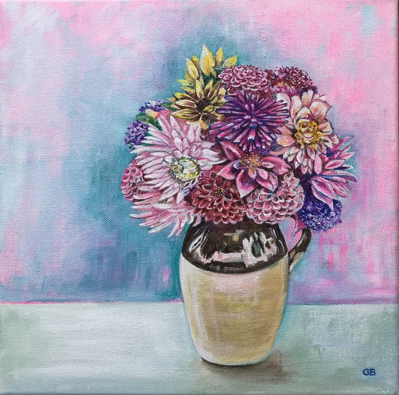 Original Painting, Acrylic Painting, 'Morning Sunlight', Peace and Calm, Dahlias