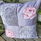 Gorgeous hand crafted grey with pink rose applique 45cm cushion with new pad