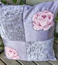 Gorgeous hand crafted grey with pink rose applique 45cm cushion with new pad