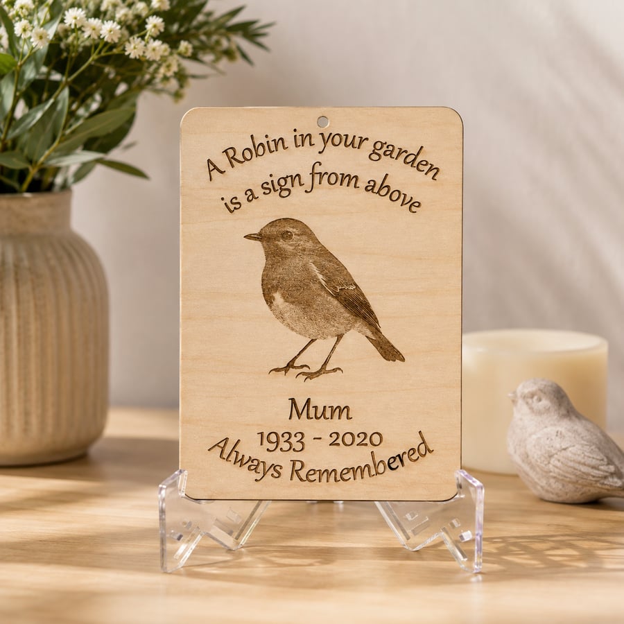 Personalised Robin Memorial Plaque – Engraved Wooden Remembrance Gift