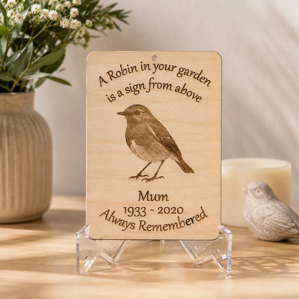 Personalised Robin Memorial Plaque – Engraved Wooden Remembrance Gift