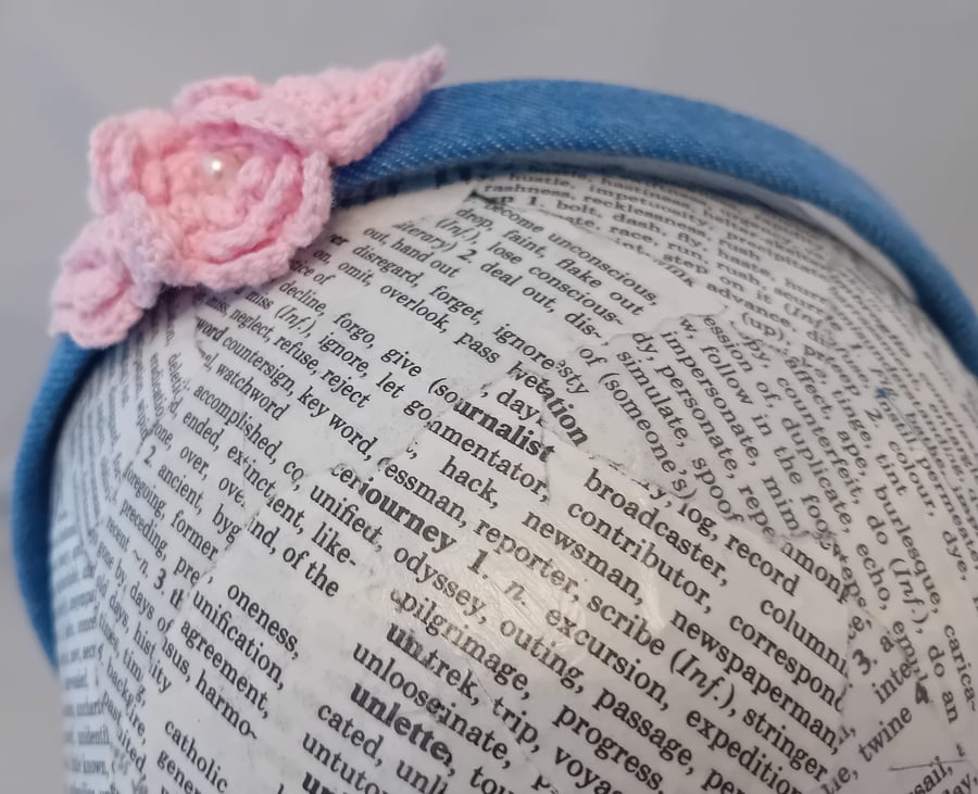 Denim Hairband or Headband with Hand Knitted Flower