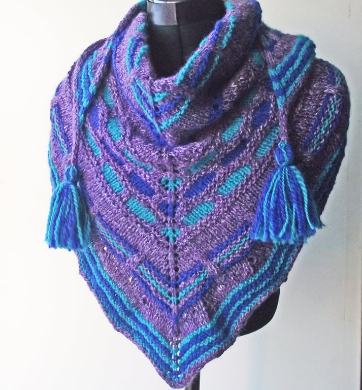 Handspun Knitted Shawl, Wrap or Scarf, Purple, Blue and Turquoise Merino Wool 
