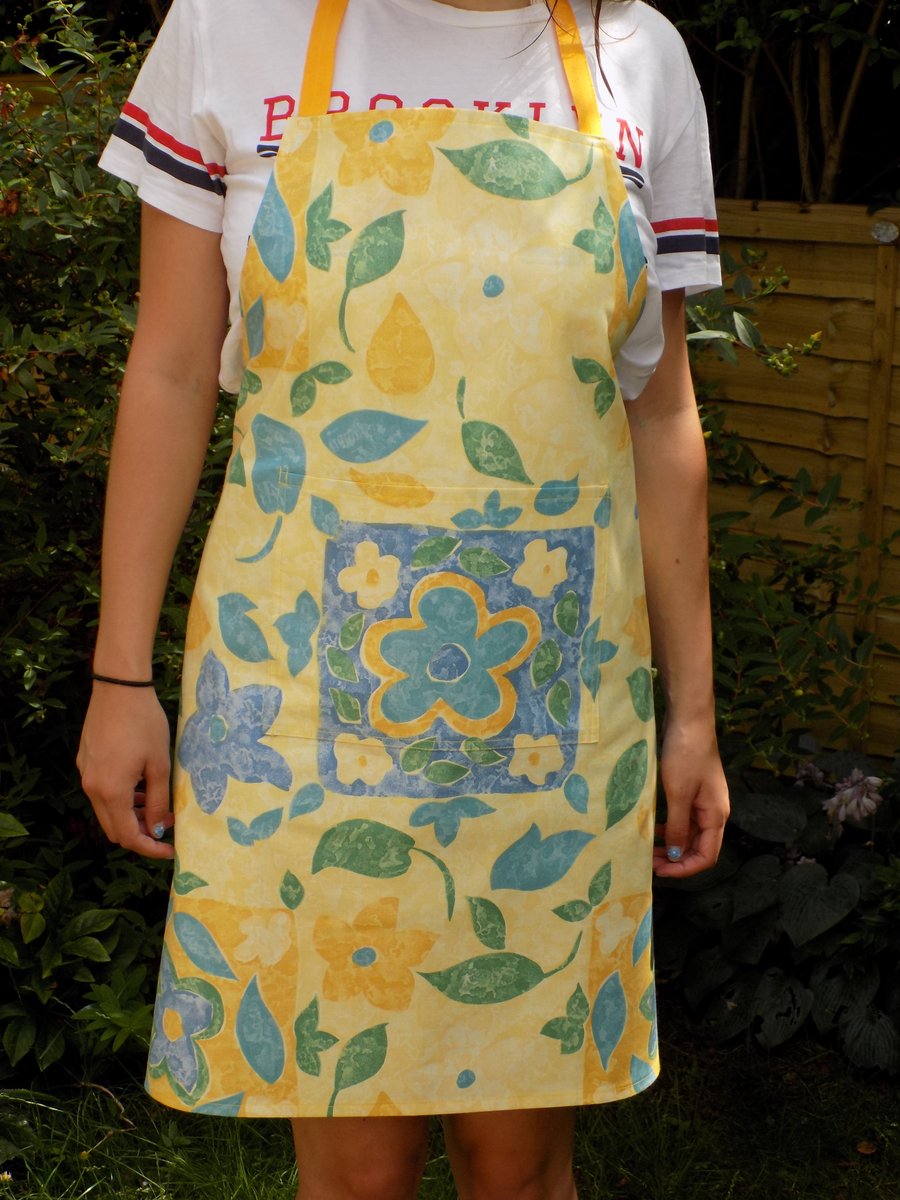 Blue & Yellow Contemporary Floral Ladies' Full Length Apron