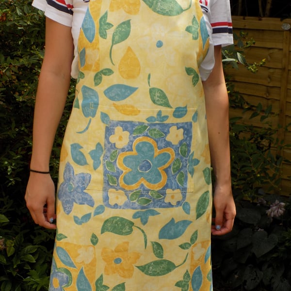 Blue & Yellow Contemporary Floral Ladies' Full Length Apron