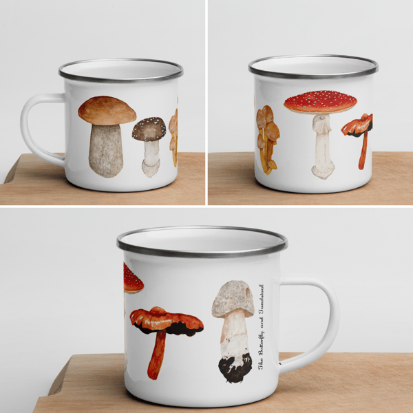 Mushroom Enamel Mug, Fungi Mug, Camping Mug