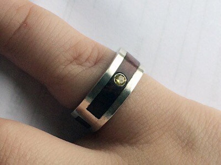 Black Walnut Wood Inlay Sterling Silver Mens Ring with Citrines