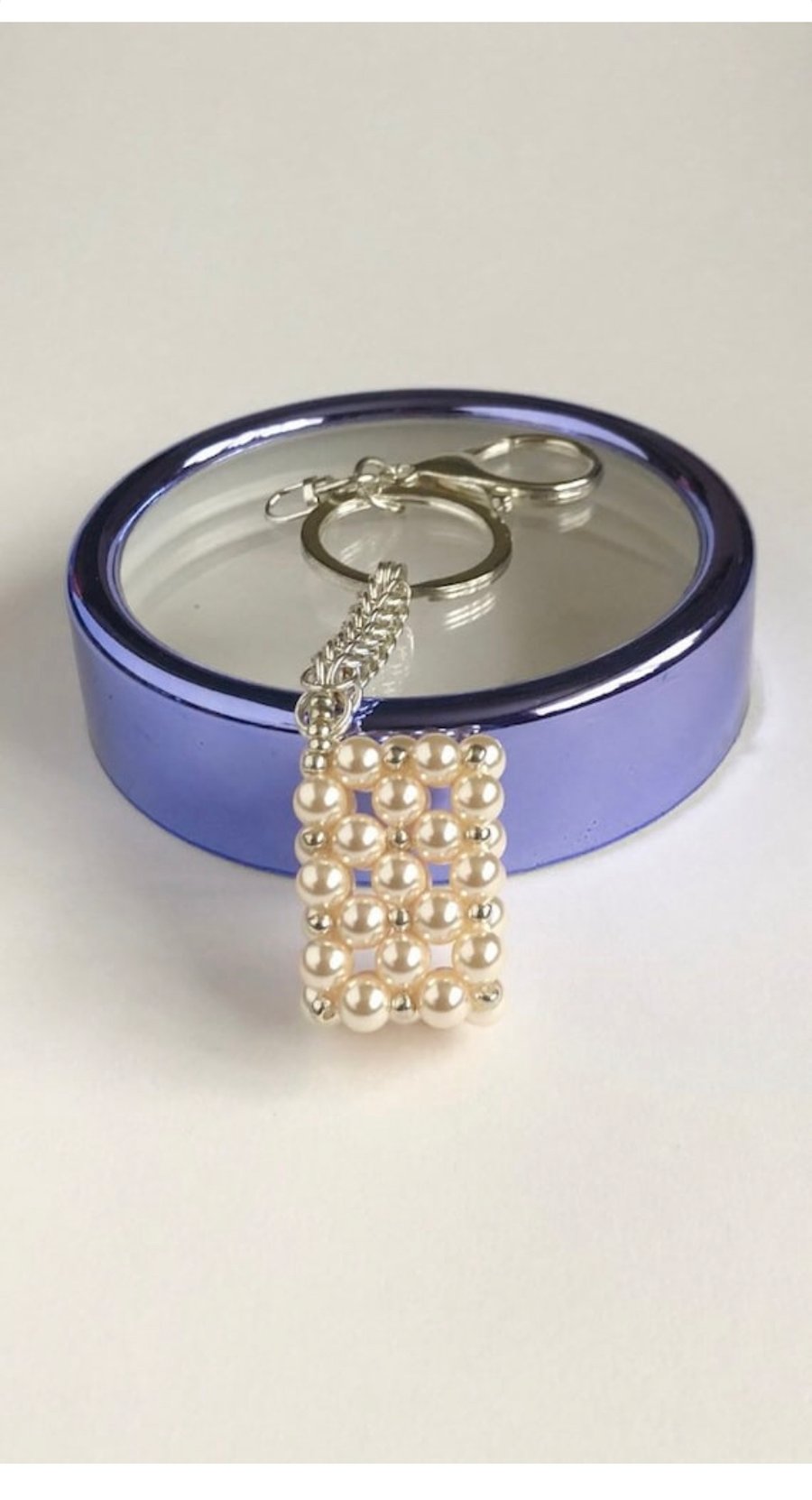 Cream Rectangle Crystal Pearl Handbag Charm, with a Chainmaille Chain & Keyring