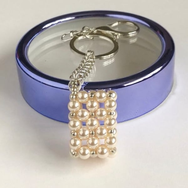 Cream Rectangle Crystal Pearl Handbag Charm, with a Chainmaille Chain & Keyring