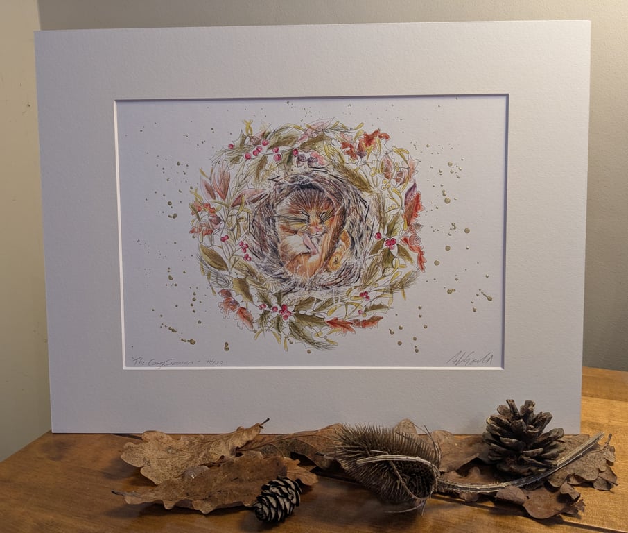The Cosy Season (Dormouse) an A5 or A4 limited edition ,hand finished print