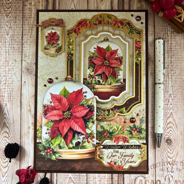 "From Our Family To Yours" Christmas Card With Red Poinsettia Flowers 