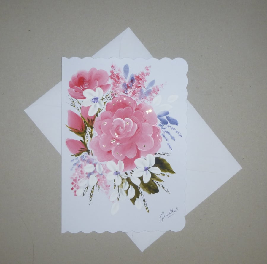 original hand painted roses floral greeting card ( ref FA 199 G6 )