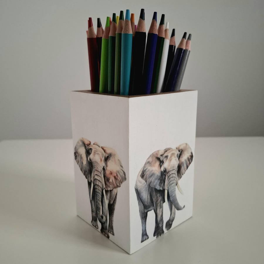Image of Elephant Wooden Pencil Holder, Safari Desk Organizer, Decoupage Animal Pen Pot