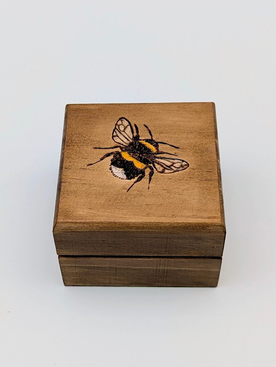 Small wooden box, pyrography bee, ring or trinket box for a bee lover
