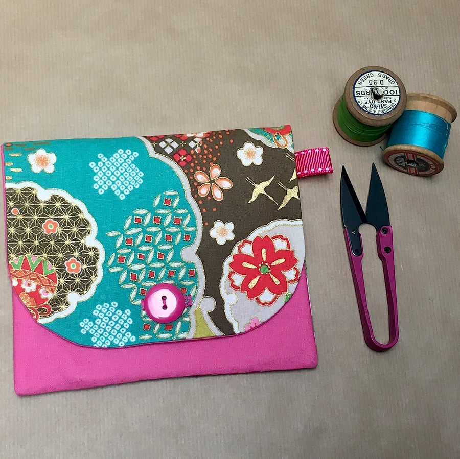 Wallet with Japanese Flower Fabric in Pink Turquoise Gold SECONDS SUNDAY