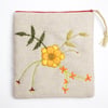 Oatmeal linen make up bag with hand embroidered Suzie design