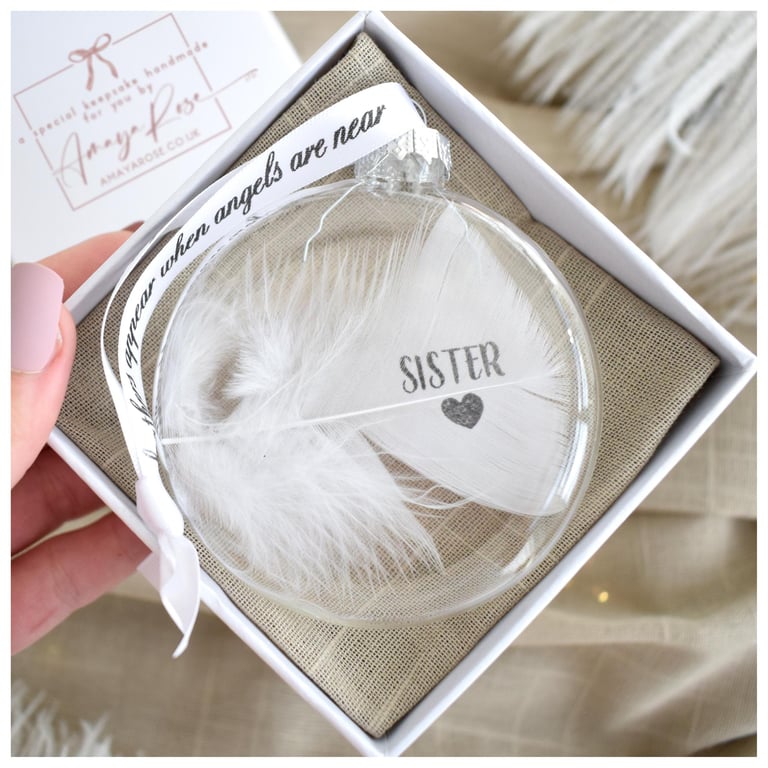 Sister Memorial Round Feather Bauble, In Memory of Sister, Round Glass Christmas