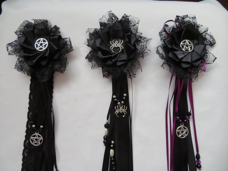 Black & Jewel Colours Gothic Goth Style Clip in Hair Ribbons 