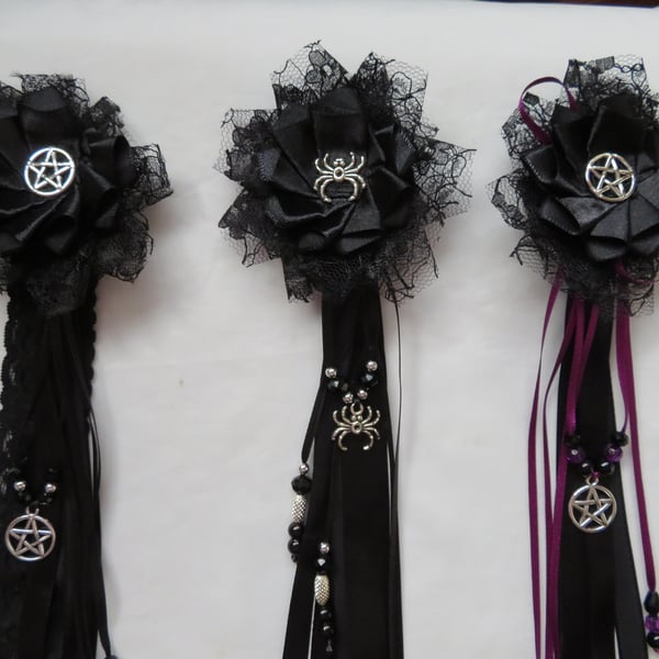 Black & Jewel Colours Gothic Goth Style Clip in Hair Ribbons 