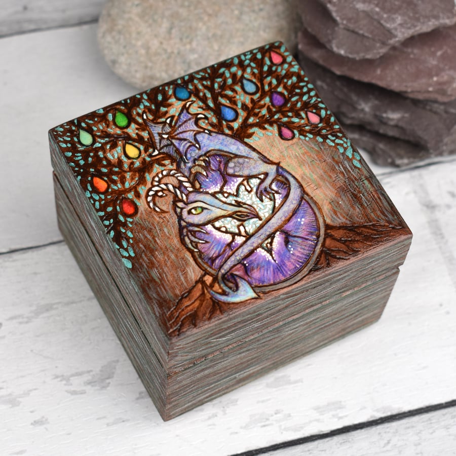 Dragon with geode pyrography small trinket box