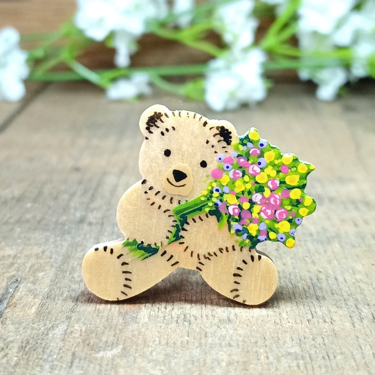 Bouquet Of Flowers Gift, Handmade Teddy Bear With Summer Flowers Brooch