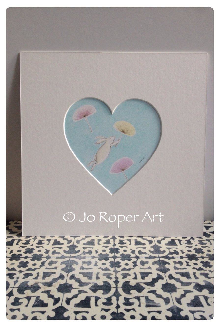 Up Up and away dandelion bunny mounted print Jo Roper 