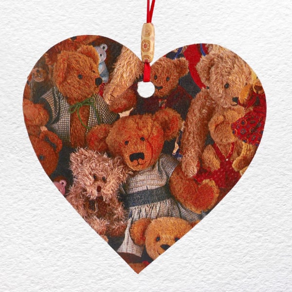 Decoupaged Wooden Hanging Heart 15cm (6") Teddy Bears design