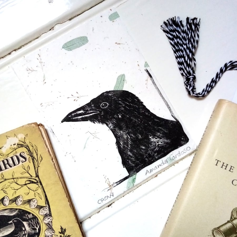 Crow mini print -  handmade bird linocut -  Corvid original  handprinted art