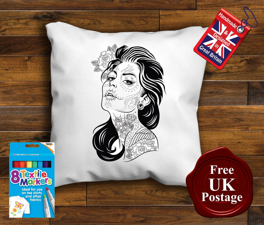 Tattoo Girl Colouring Cushion Cover With or Without Fabric Pens Choose Your Size