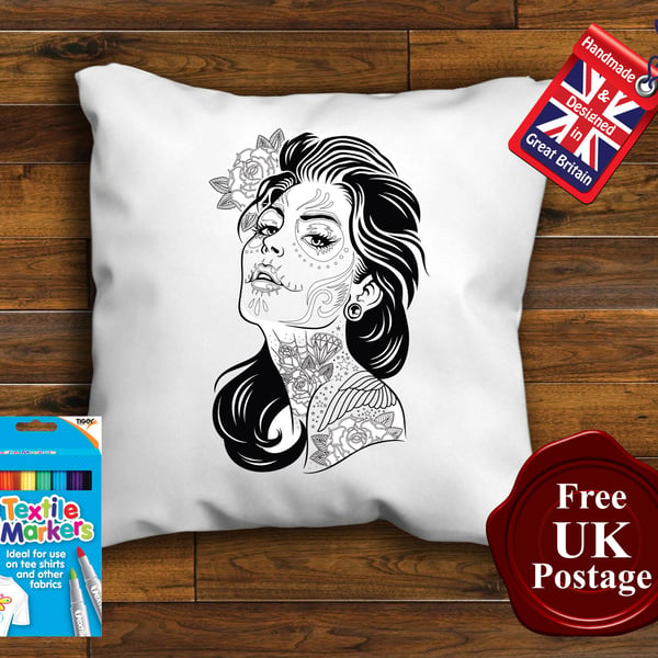 Tattoo Girl Colouring Cushion Cover With or Without Fabric Pens Choose Your Size