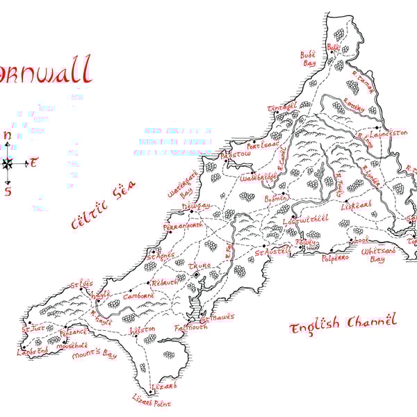 Map of Cornwall Hand Drawn Tolkien Style Map Artwork