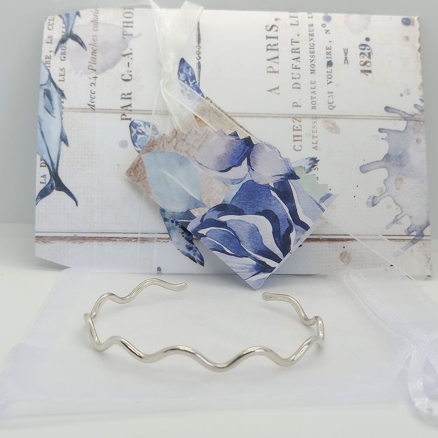 Wave Bangle Adjustable Hammered Cuff Bracelet Sterling Silver ready to post