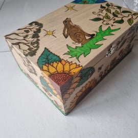 Large Wooden box hand painted lined box, trinket, keepsake moon gazing hare