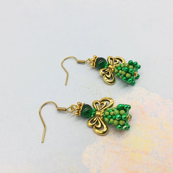 Clover green lucky Angel dangle earrings