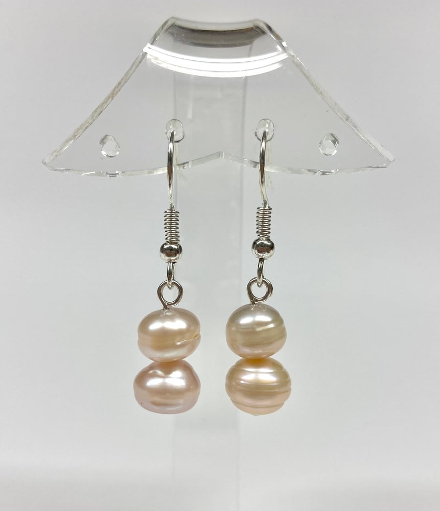 Sterling Silver Cultured Peach Pearl and Crystal Drop Earrings Sterling Silver Cultured Peach Pearl and Crystal Drop Earrings