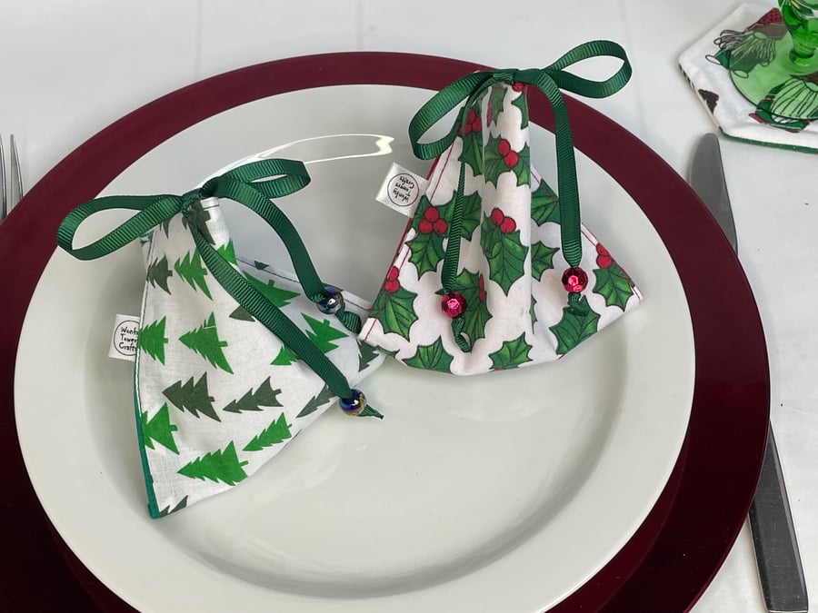 2 Christmas place markers or gift holders for little gifts. Holly & trees