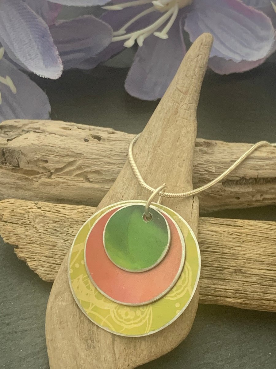 Water colour collection - hand painted aluminium pendant, lime green and orange