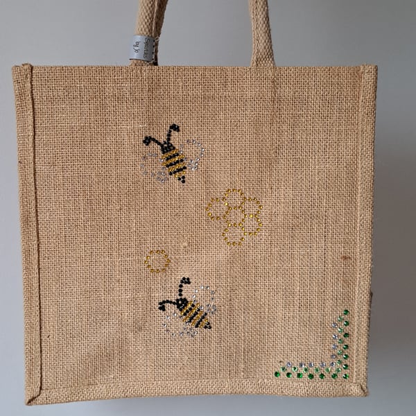 JUTE BAG, Bee and Daisy, Hand Sparkled
