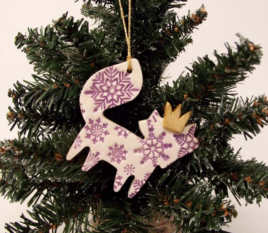 Ceramic Christmas Fox decoration PURPLE