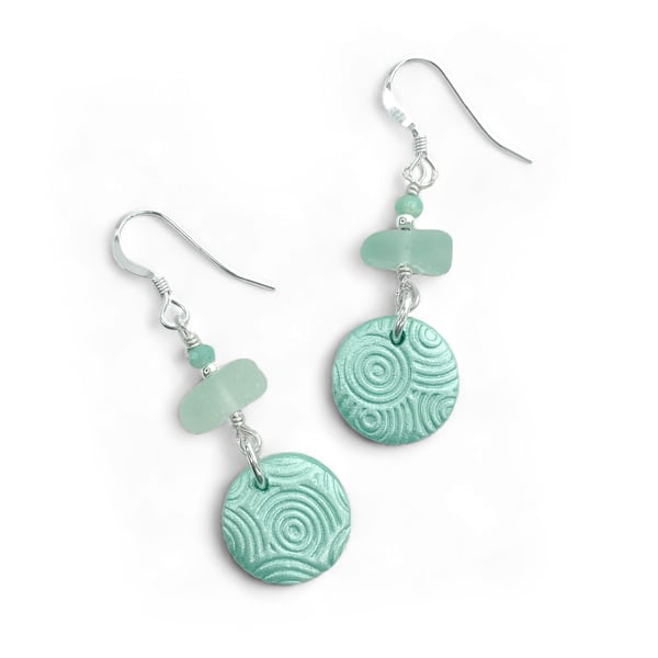 Wave Ripple Dangly Earrings - Green Sea Glass and Amazonite Sterling Silver