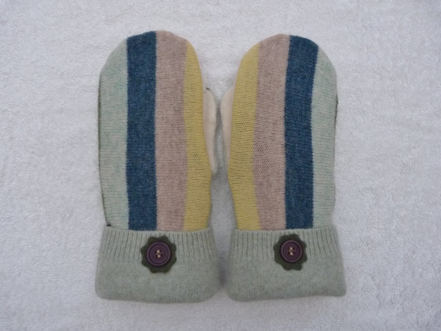 Mittens Created from Up-cycled Wool Jumpers. Fully Lined. Purple  Button