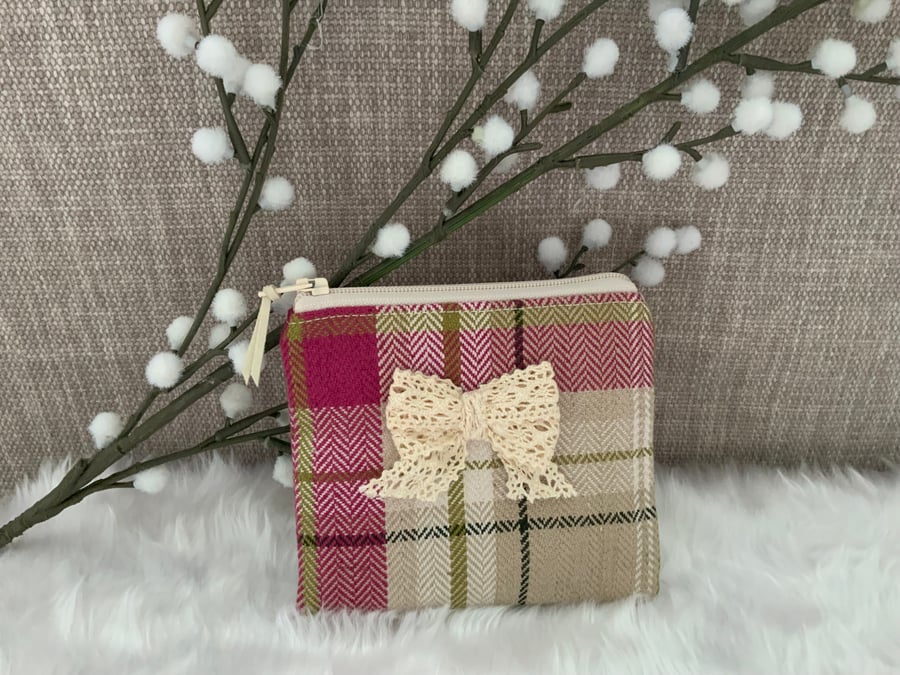 Tartan Coin Purse, Money Pouch, Zipped Purse, Purse, Card Holder, Lace Bow