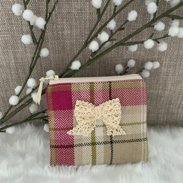 Tartan Coin Purse Money Pouch Zipped Purse Purse Card Holder Lace Bow