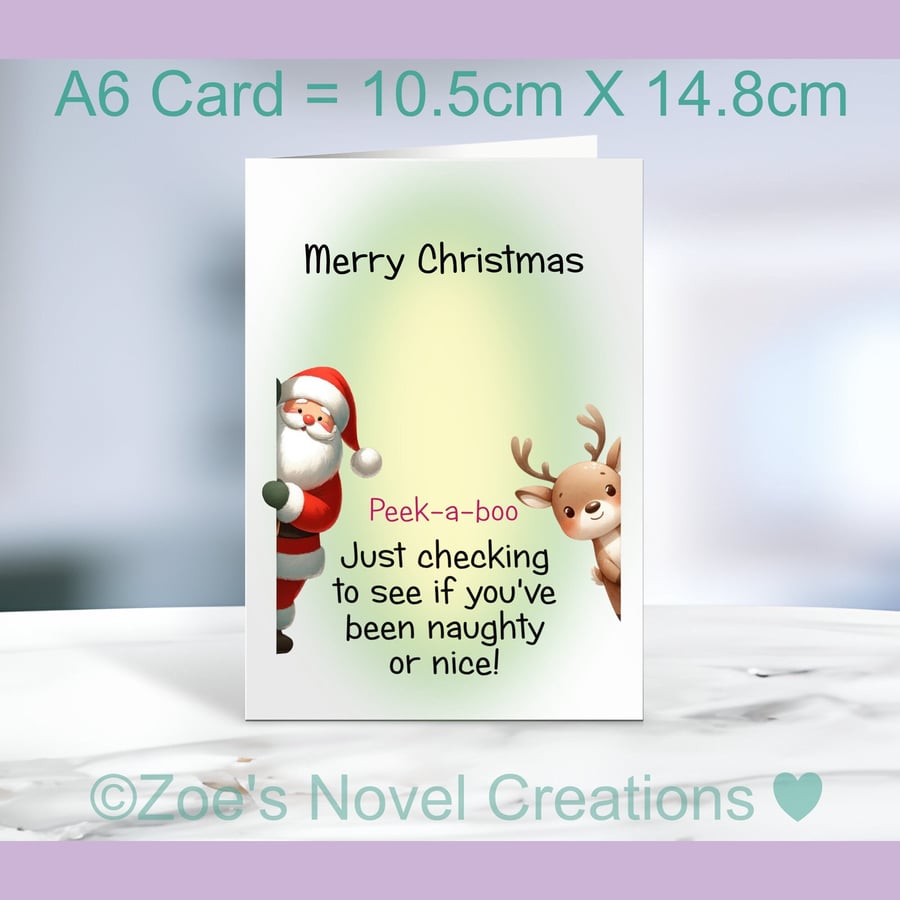 Christmas Card, Naughty or Nice Santa and Reindeer A6 10.5cm x 14.8cm