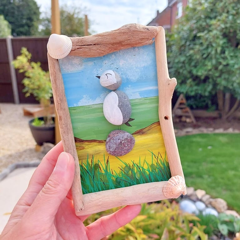 Pebble Puffin Driftwood Wall Art - Handmade Coastal Bird Art - One-of-a-Kind