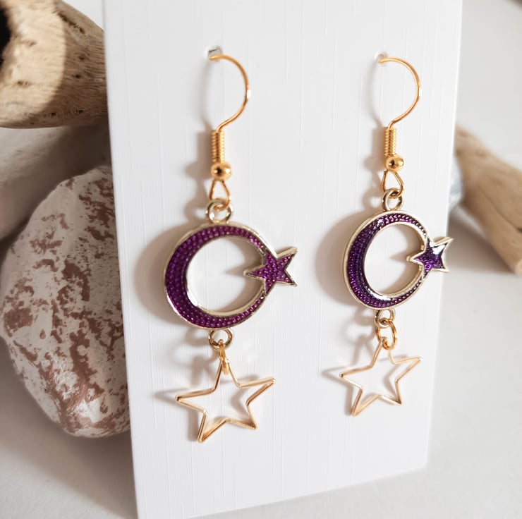 Gold and Purple Moon and Star Dangle Earrings - Folksy