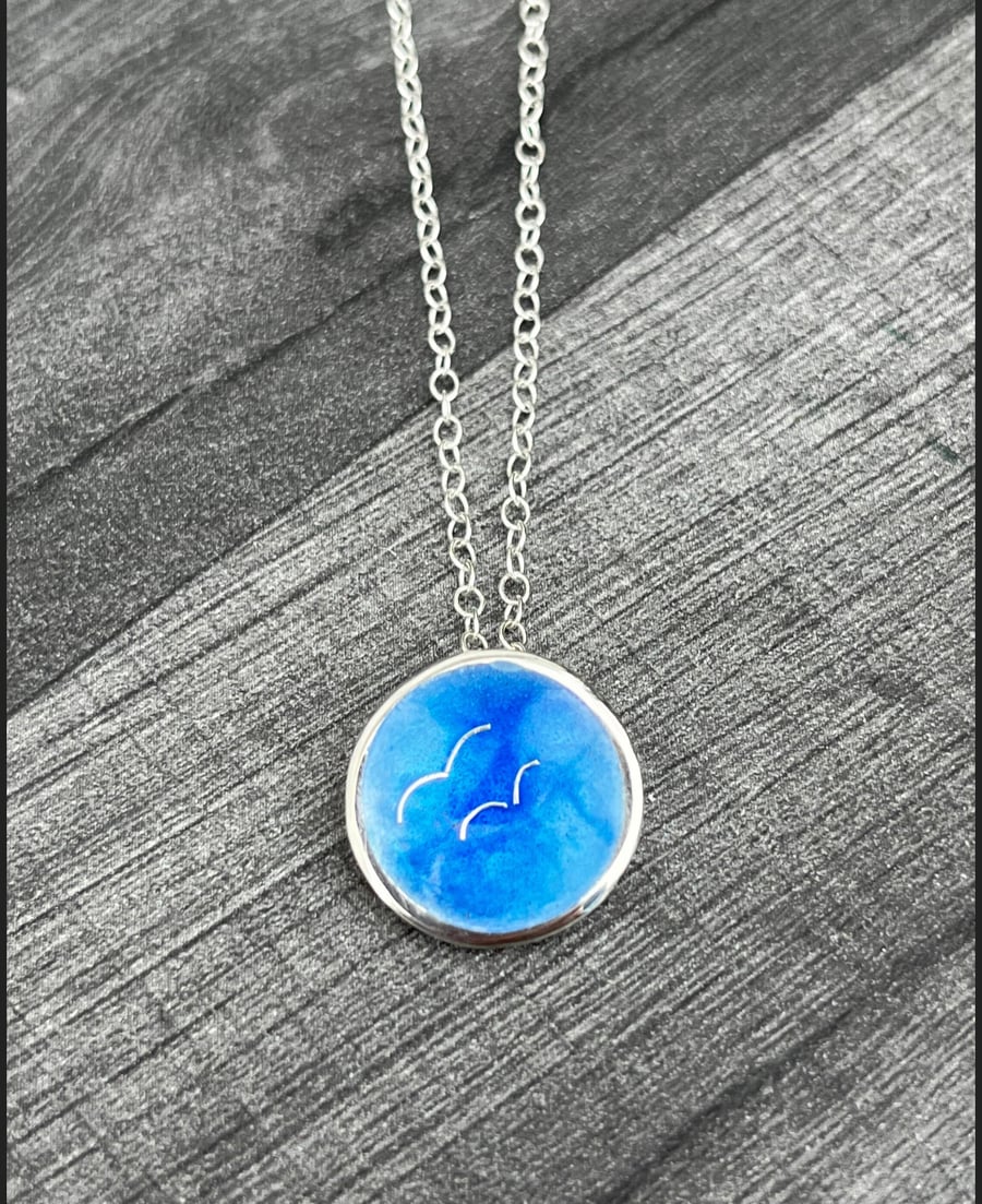 Enamel Bird Pendant, blue enamel necklace, round blue pendant, enamel, blue, 
