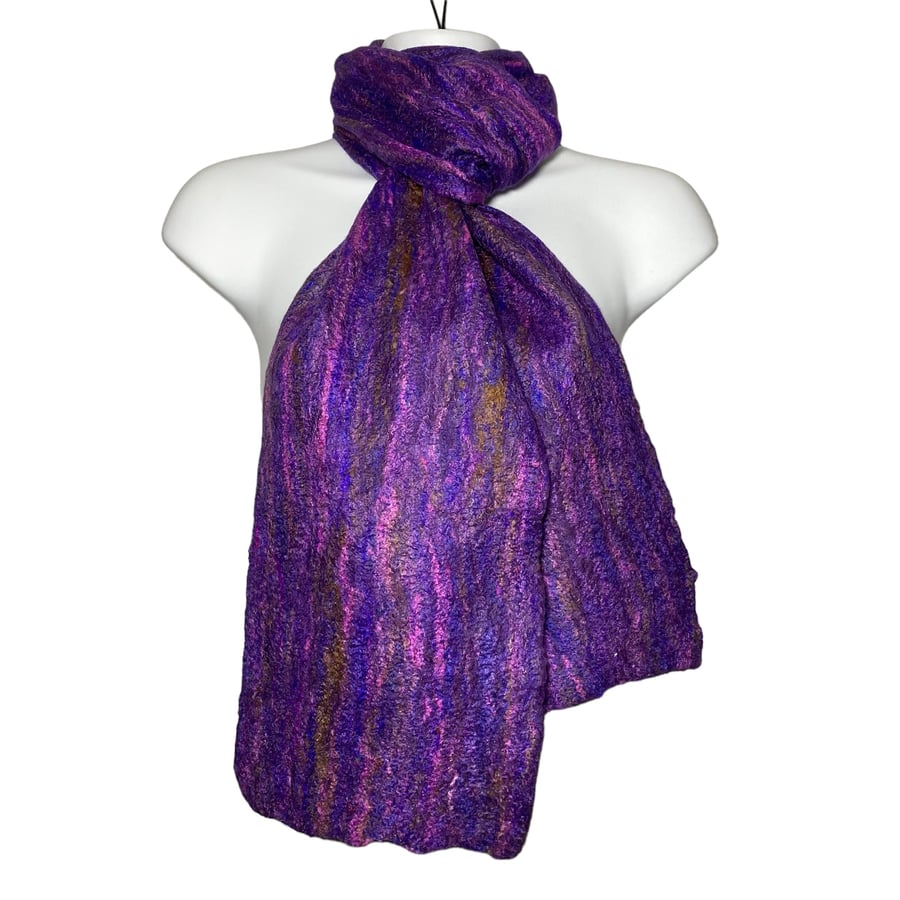 Purple merino wool Scarf, with multicoloured silk decoration