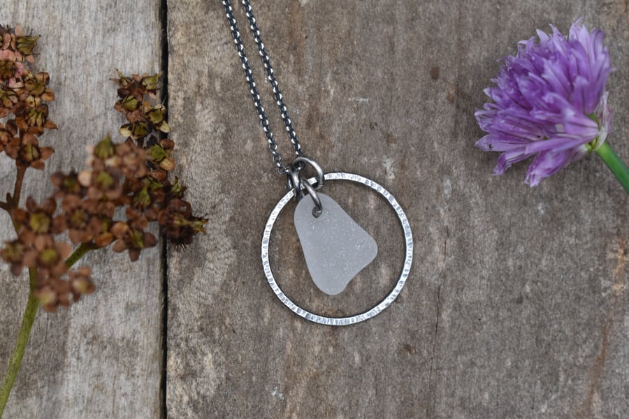 Sea Glass and Recycled Sterling Silver Hoop Necklace, White Scottish Sea Glass