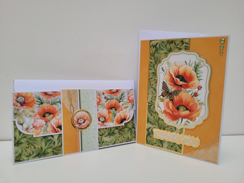 Poppy Thank You Card with Matching Gift Card, Money, Voucher Wallet Envelope